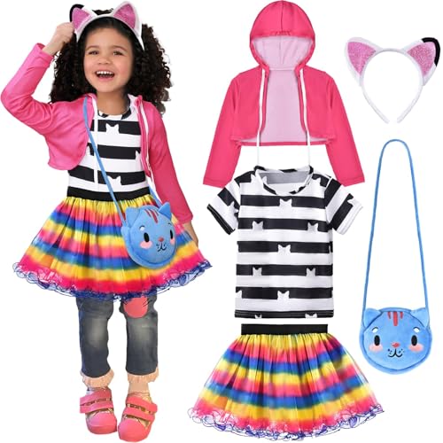 Tacobear Katzenkostüm Kinder Dollhouse Rainbow Kostüm Rosa Jacke Tasche Kurze Ärmel Regenbogen Tutu Kleid Haarreif mit Katzen Ohren Karneval Geburtstag Party Fasching Kostüm Kinder(M(8-10Years)) von Tacobear