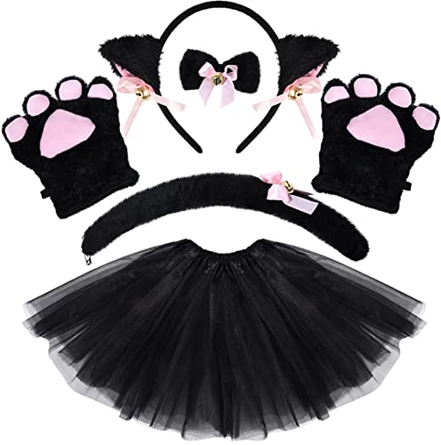 Tacobear Kostüm Katze Mädchen Tierkostüm Kinder mit Tutu Rock Katzenohren Haarreif Stirnband Schwanz Fliege Katzenpfoten Handschuhe Karneval Party Halloween Kostüm Schwarz Katzenkostüm von Tacobear