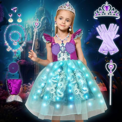 Tacobear LED Meerjungfrau Kostüm Mädchen Prinzessin Meerjungfrau Arielle Kleid mit Tasche Krone Feenstab Handschuhe Halskette Armband Karneval Cosplay Kostüm Verkleidung Kinder(110,3–4 Jahre) von Tacobear