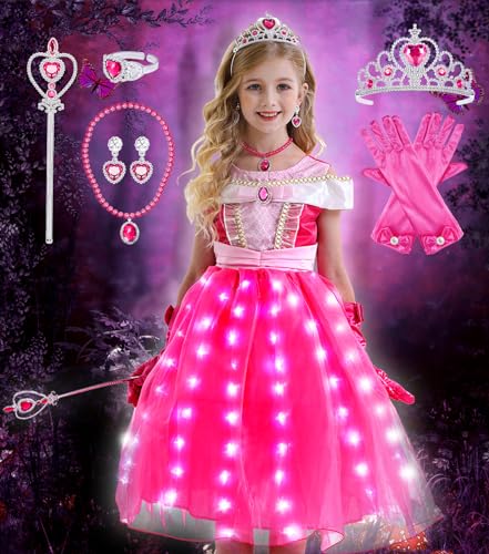 Tacobear LED Prinzessin Aurora Kleid Mädchen Rosa Dornröschen Kostüm Krone Feenstab Halskette Ohrclip Ring Handschuhe Halloween Weihnachten Geburtstag Karneval Cosplay Kostüm Kinder 2-8 Jahre(3-4) von Tacobear