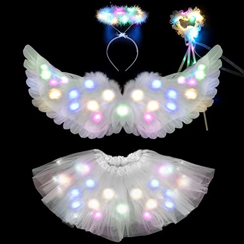 Tacobear Leuchtend Engel Kostüm Kinder mit 60cm Weiß Engelsflügel Federflügel Heiligenschein Engel Haarreif Zauberstab LED Tutu Tüllrock Mädchen für Halloween Fasching Karneval Cosplay von Tacobear