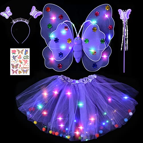 Tacobear Leuchtend Feenkostüm Feenflügel Schmetterlingsflügel mit Haarreif Zauberstab Fee Tattoos LED Tutu Tüllrock Mädchen Kinder Halloween Karneval Feen Geburtstag Party Fasching Kostüm (Lila) von Tacobear