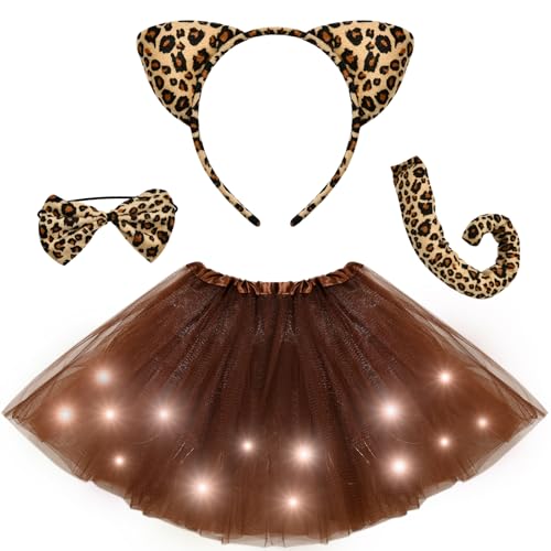 Tacobear Leuchtendes Tierkostüm Kinder Mädchen mit LED Tutu Rock Haarreif Fliege Tiere Schwanz Leopard Tiger Schwein Kostüm für Cosplay Halloween Party Karneval (Leopard) von Tacobear