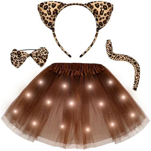 Tacobear Leuchtendes Tierkostüm Kinder Mädchen mit LED Tutu Rock Haarreif Fliege Tiere Schwanz Katze Leopard Tiger Schwein Kostüm für Cosplay Halloween Party Karneval (Leopard) von Tacobear