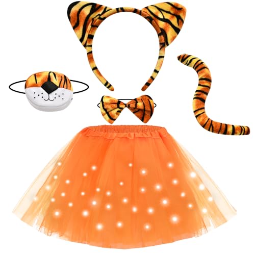 Tacobear Leuchtendes Tierkostüm Kinder Mädchen mit LED Tutu Rock Haarreif Fliege Tiere Schwanz Leopard Tiger Schwein Kostüm für Cosplay Halloween Party Karneval (Tiger) von Tacobear