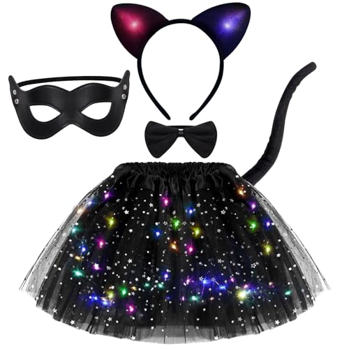 Tacobear Leuchtendes Tierkostüm Kinder Mädchen mit LED Tutu Rock Haarreif Fliege Tiere Schwanz Katze Leopard Tiger Schwein Kostüm für Cosplay Halloween Party Karneval (Katze) von Tacobear