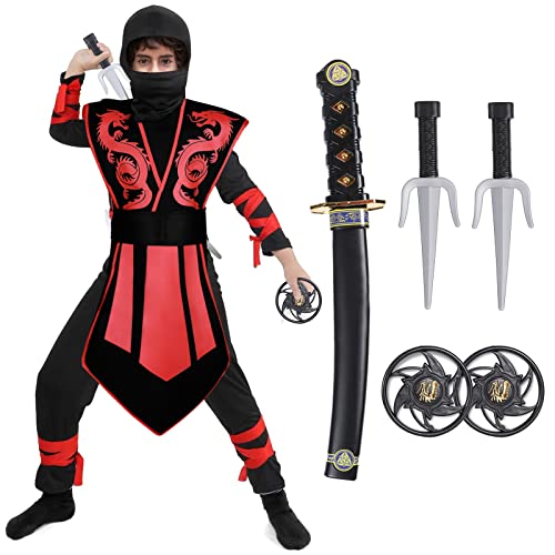 Tacobear Ninja Kostüm Anzug Halloween Kostüm Jungen Ninja Kostüm Kinder Rot Schwarz Halloween Karneval Verkleidung Fasching Kostüm Für Kindern 3-12 Jahre (10-12 Jahre) von Tacobear