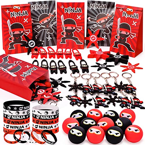 Tacobear Ninja Party Mitgebsel Kindergeburtstag 72 STK. Ninja Hüpfbälle Silikon Armbänder Fingerschleuder Geschenketüte Schlüsselanhänger Give Aways Kindergeburtstag für Jungen Ninjago Warrior Party von Tacobear