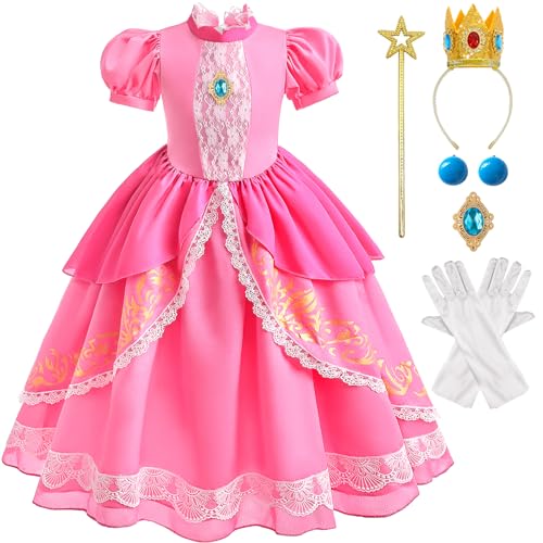 Tacobear Peach Kostüm Mädchen mit Krone Zauberstab Handschuhe Ohrringe Super Bros Prinzessin Peach Rosa Kleid Fasching Karneval Halloween Kostüm für Kinder Mädchen von Tacobear