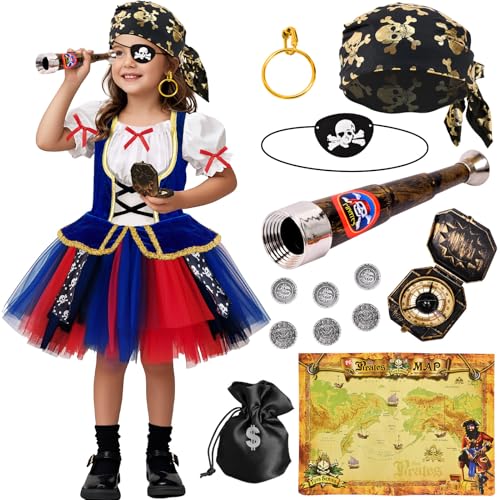 Tacobear Piratenkostüm Kinder Faschingskostüme Mädchen Tüll Kleid Piraten Kopftuch Augenklappe Fernrohr Cosplay Geburtstag Pirat Fasching Kostüm Piraten Piratin Kinderkostüm Karneval (100, 3-4 Jahre) von Tacobear