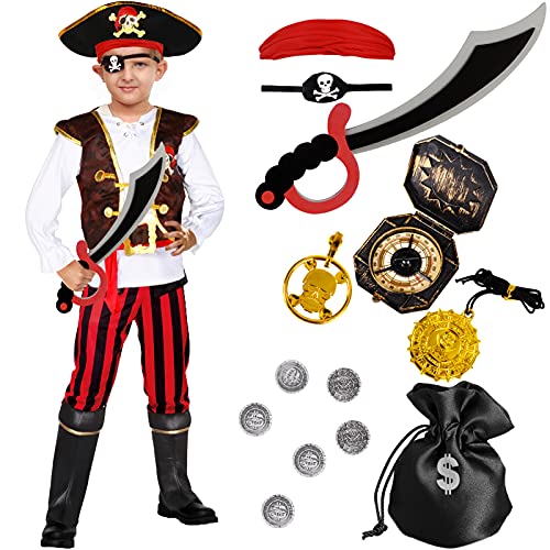 Tacobear Piratenkostüm Kinder Jungen mit Piraten Zubehör Set Piraten Hut Augenklappe Kompass Geldbeutel Ohrring Piraten Kapitän Karneval Kostüm für Kinder Jungen 4 5 6 7 8 9 10 Ans (M, 127-139) von Tacobear