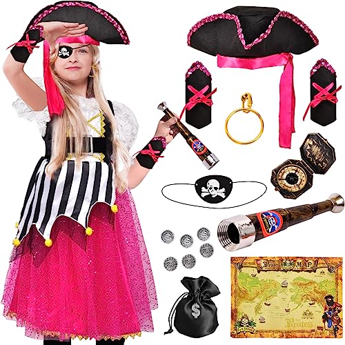 Tacobear Piratenkostüm Kinder Mädchen Piratenkleid Mädchen mit Piraten Zubehör Kinder Piraten Hut Ohrringe Teleskop Karte Augenbinde für Karneval Halloween Fasching Mädchen 3 4 5 6 7 8 9 10Jahre von Tacobear