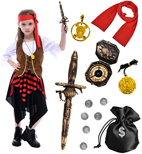 Tacobear Piratenkostüm Kinder Mädchen mit Piraten Zubehör Halloween Kostüm Piraten Kleid Stirnband Kompass Geldbeutel Ohrring Pirat Karneval Fasching Kostüm für Kinder Mädchen von Tacobear