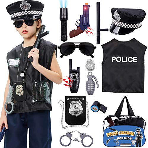 Tacobear Polizei Kostüm Kinder mit Polizei Ausrüstung Polizei Handschellen Polizeiabzeichen Polizeimütze Weste Sonnenbrille Walkie Talkie Polizei Spielzeug für Jungen Halloween Karneval von Tacobear