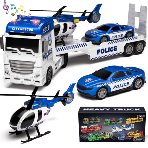 Tacobear Polizei Lastwagen Spielzeug Geschenke ab 2 3 4 5 Junge groß LKW Spielzeug & Hubschrauber Polizeiauto Abnehmbar Anhänger, Reibungsbetrieb Autotransporter Spielzeug Geschenkideen Kinder Jungen von Tacobear