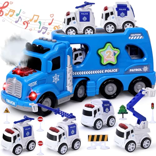 Tacobear Polizeiauto Spielzeug LKW Autotransporter Spielzeug mit Wasserspritze Licht und Musik, 4 Mini Spielzeugautos, 5 in 1 Polizei Auto Spielzeug Geschenk für Kinder Jungen ab 2 3 4 5 Jahre von Tacobear