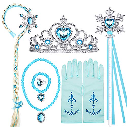 Tacobear Prinzessin Eiskönigin ELSA Kostüm Zubehör Set ELSA Perücke Zopf Prinzessin Krone Zauberstab Handschuhe Halskette Armband Prinzessin Frozen ELSA Schmuck für Kinder Mädchen Karneval Halloween von Tacobear