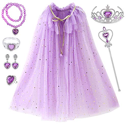 Tacobear Prinzessin Umhang Kinder Mädchen Elsa Prinzessin Kostüm mit 7Stk Prinzessin Schmuck Krone Zauberstab Armband Ring Ohrringe Halskette Prinzessin Cape für Halloween Karneval Party (Lila) von Tacobear