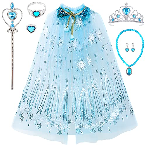 Tacobear Prinzessin Umhang Kinder Schneeflocke Elsa Kostüm Mädchen mit Prinzessin Krone Tiara Zauberstab Schmuck Halloween Kostüm Karneval Fasching Cosplay Prinzessin Party Geschenke von Tacobear