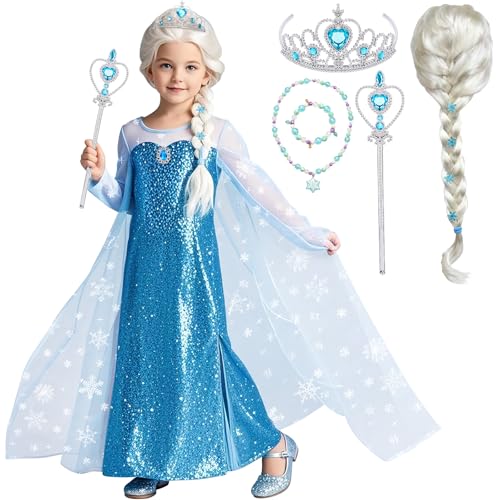 Tacobear Elsa Eiskönigin Kostüm Mädchen Elsa Kleid Kinder Prinzessin Kostüm mit Perücke Krone Zauberstab Frozen Verkleidung Faschingskostüme für Geburtstag Party Halloween Karneval(100) von Tacobear