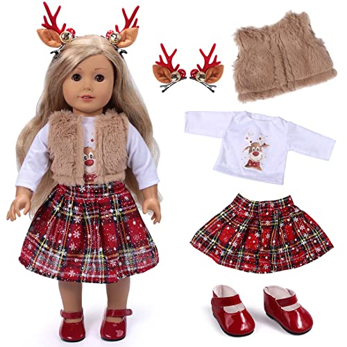 Tacobear Puppenkleidung Weihnachten Puppen Kleider Zubehör Set Puppen Hemd Rot Karierter Rock Mantel Puppenschuhe Elch Haarspangen Babypuppen Kostüm für 18 Zoll Puppen von Tacobear