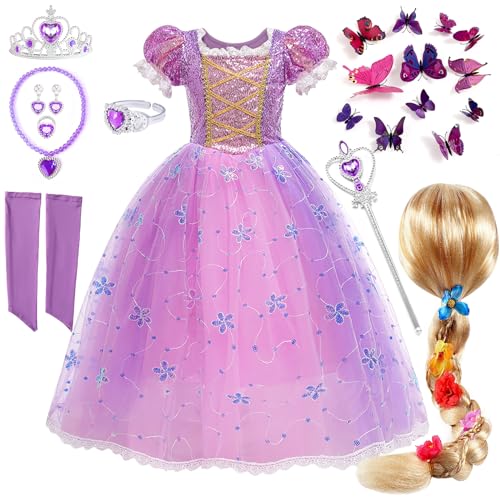 Tacobear Rapunzel Kostüm Kinder Prinzessin Kleid Mädchen Perücke Krone Feenstab Halskette Ohrclips Ring Schmetterlingsnadel Verkleidung Geburtstag Halloween Karneval Cosplay Kleid 100(3-4Jahre) von Tacobear