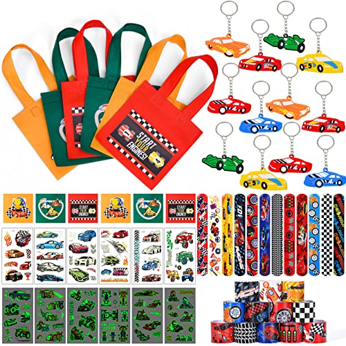 Tacobear Rennauto Party Mitgebsel Kindergeburtstag Junge 6 7 8 9 10 Jahren mit Rennwagen Slap Armband Schlüsselanhänger Non Woven Taschen Tattoo-Aufkleber für Give Aways Gastgeschenk Kindergeburtstag von Tacobear