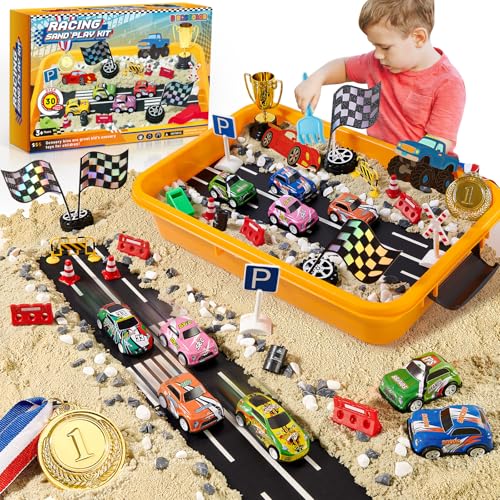 Tacobear Rennauto Sand Spielset Magic Sand Koffer mit Zaubersand 6 Mini-Fahrzeuge Trophäe Medaille Sensorisch Sandspielzeug Spielsand Geschenk für Kinder Jungen Mädchen 3 4 5 6 7 8 Jahre von Tacobear