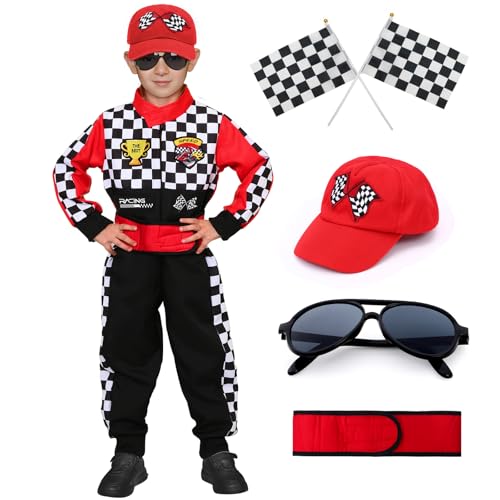 Tacobear Rennfahrer Kostüm Kinder Jungen Mädchen Rennanzug Overall Jumpsuit mit Sonnenbrille Autokappe Racer Racing Dress up Karneval Halloween Rollenspiele Kostüm für Kinder 3-12 Jahren von Tacobear