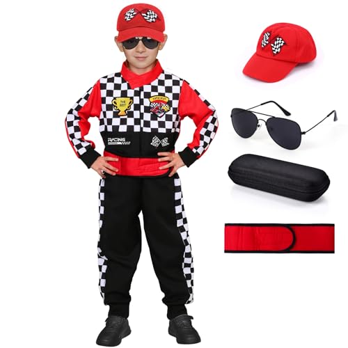 Tacobear Rennfahrer Kostüm Kinder Jungen Mädchen Rennanzug Overall Jumpsuit mit Sonnenbrille Autokappe Racer Racing Dress up Karneval Halloween Rollenspiele Kostüm für Kinder 3-12 Jahren von Tacobear