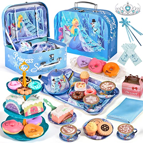 Tacobear Frozen Tee Set Kinder Teeservice mit Dessert Spielzeug Tragekoffer Eiskönigin Spielzeug Tin Teekanne Party Set Kindergeschirr Spielküche Rollenspiele Geschenk für Mädchen 3 4 5 6 7 Jahren von Tacobear