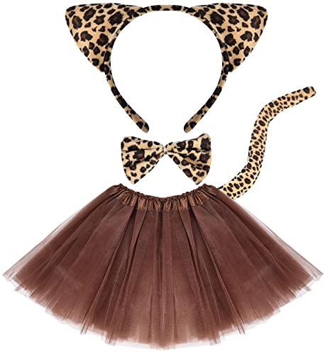 Tacobear Tierkostüm Kinder Tutu Rock mit Zubehör Tier Ohren Stirnband Fliege Schwanz Tier Verkleiden Set Karneval Party Halloween Kostüm für Mädchen (Leopard Katze) von Tacobear