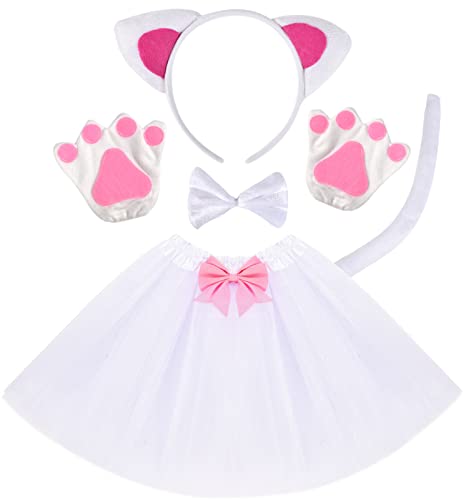 Tacobear Tierkostüm Kinder Tutu Rock mit Zubehör Tier Ohren Stirnband Fliege Tierpfoten Handschuhe Schwanz Tier Verkleiden Set Karneval Party Halloween Kostüm für Mädchen (Weiß Katze) von Tacobear