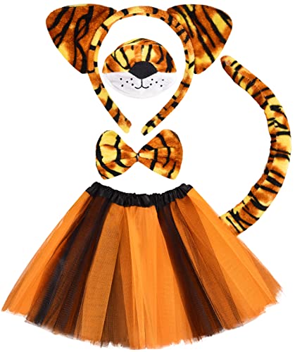 Tacobear Tierkostüm Kinder Tutu Rock mit Zubehör Tier Ohren Stirnband Nase Fliege Tierpfoten Handschuhe Schwanz Tier Verkleiden Set Karneval Party Halloween Kostüm für Mädchen (Tiger) von Tacobear