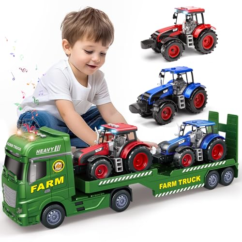 Tacobear Traktor Spielzeug mit Anhänger, Großer Bauernhof Traktor mit Licht und Sound Auto Transporter LKW Spielzeug Trecker Fahrzeuge Kinder Spielzeug ab 3 4 5 6 Jahre Junge Geschenk von Tacobear