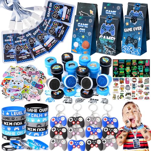 Videospiel Party Mitgebsel Kindergeburtstag 5 6 7 8 9 10 Jahre Gastgeschenke mit Silikon Armband Geschenktüten Stempel Video Gamer Schlüsselanhänger VIP Pass Pinata Füllung Give Aways Kinder Jungen von Tacobear