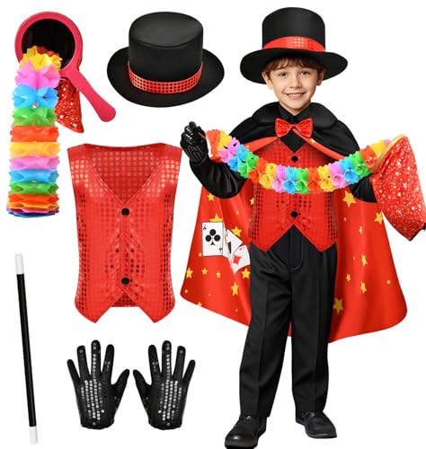 Tacobear Zauberer Kostüm Kinder Faschingskostüme Umhang Schwarz Rot Weste Hut Zauberstab Magier Kostüm Showman Cosplay Geburtstag Verkleidung Kinderkostüm Karneval Jungen Mädchen (L, 8-10 Jahre) von Tacobear