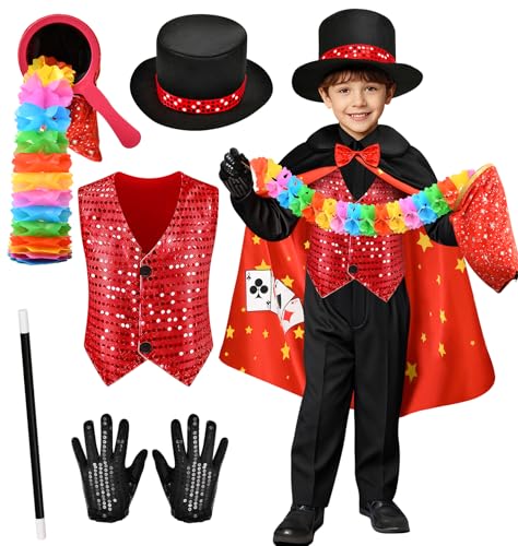 Tacobear Zauberer Kostüm Kinder Faschingskostüme Umhang Schwarz Rot Weste Hut Zauberstab Magier Kostüm Showman Cosplay Geburtstag Verkleidung Kinderkostüm Karneval Jungen Mädchen (XL, 11-14 Jahre) von Tacobear