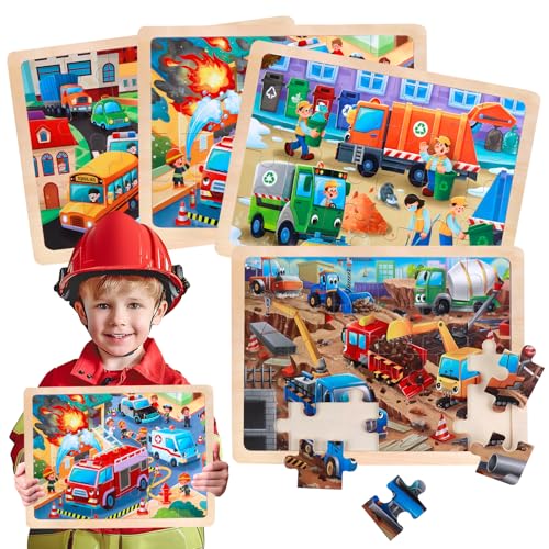 Bodenpuzzle ab 3 4 5 6, 4 Set Holz Puzzle 24 Teile Kinder, Kinderspiele ab 4 5 Jahre Baufahrzeug Fahrzeugen Urban Transport Kinderpuzzle, Spielzeug für Jungen und Mädchen mit Geschenkbox von Tacopet