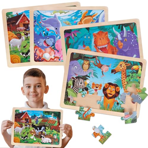 Puzzle ab 3 4 5 6 Jahre, 4 * 24 Stück Holzpuzzles Spielzeug für Jungen Mädchen, Holz Puzzle Kinder Dinosaurier Bauernhof Tiere Meereswelt, Bodenpuzzle Montessori Kinderspielzeug für Geschenk von Tacopet