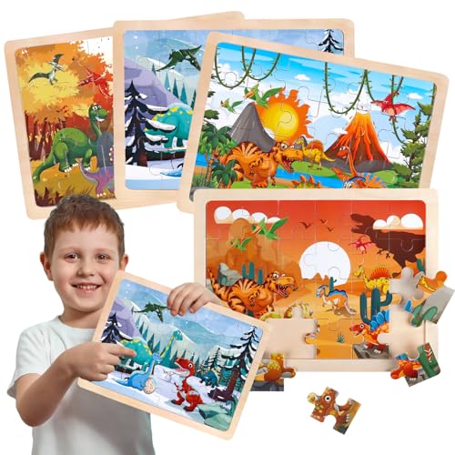 Dinosaurier Puzzle ab 3 4 5 6 Jahre, Kinderpuzzle Spielzeug für Jungen und Mädchen, 4 Holz Puzzles *24 Stück Dino Holzpuzzle, Montessori Vorschule Lehrreiches Spielzeug, Bodenpuzzle Geschenke von Tacopet