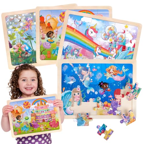 Puzzle für Kinder ab 3 4 5 6 Jahre, Kinderpuzzle Einhorn Meerjungfrau Prinzessin Fee, 4 Holz Puzzles *24 Stück Holzpuzzle, Vorschule Lehrreiches Spielzeug, Geschenke für Kinder Mädchen ab 3 von Tacopet