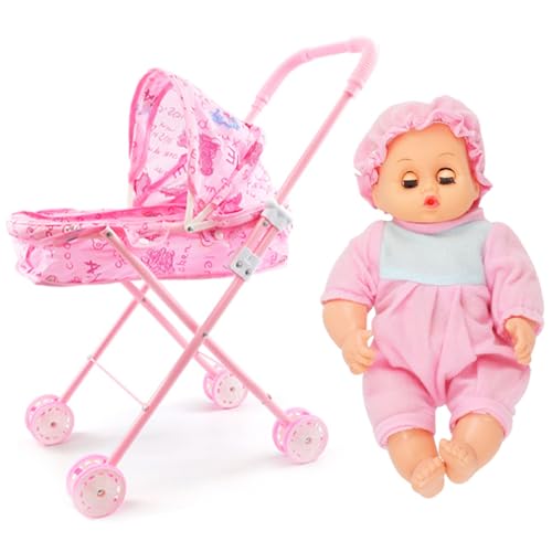 2pcs Puppenwagen mit Puppe, Faltbarer tragbarer Babypuppen Kinderwagen, niedliche Möglichkeit, Babypuppe mit großen Augen und tragbaren Kleidung, Puppenwagen mit verstellbarem Baldachin von Tadoiooy