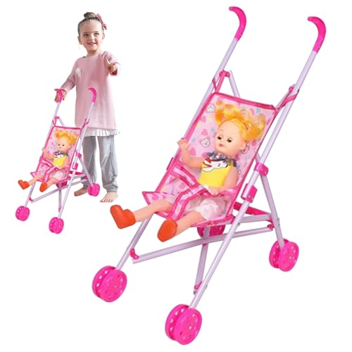 Puppenwagen mit Babypuppen Cartoon Muster Falten Babypuppenwagen mit T förmiger Sicherheitsgürtel & Push Handle Babypuppenwagen für Mädchen, tun Sie vor, Babypuppenzubehör von Tadoiooy