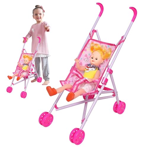 Puppenwagen mit zufälligen Kleidung Babypuppen -Cartoon -Muster Babypuppen Kinderwagen Sicherheitsgürtel & Push Griff tragbares Faltbare Babypuppenwagen für Mädchen, vorgetäuschtes Spiel, Weihnachtsg von Tadoiooy