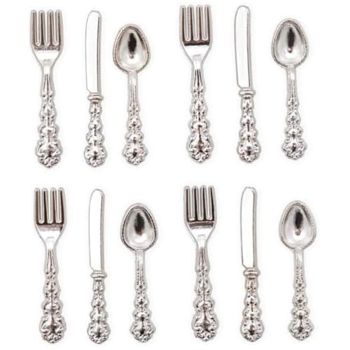 Tadoiooy 1/12 Skala Puppenhaus Miniatur -Bestecksetgabel Spoon Silber Puppenhaus Küchenzubehör, Silber 12pcs von Tadoiooy