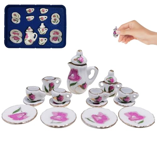 Tadoiooy Dollhouse Dekoration, winziges Tee Set, 15 Prozent Miniature Tee Set, Porzellan Mini Tea Tassen, Teekanne, Teller Lily Muster Dollhouse Tee Set für Doll House Kitchen Style11 von Tadoiooy