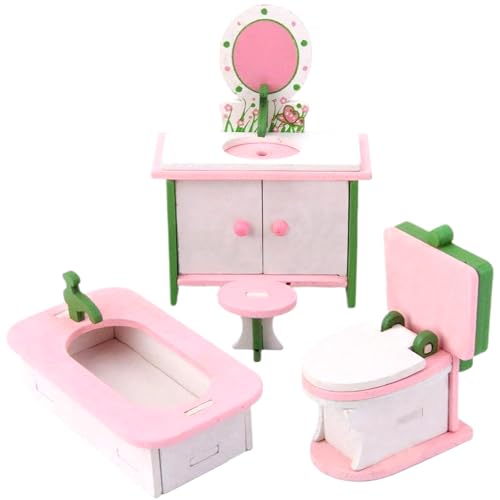 Tadoiooy Dollhouse Möbelset, einschließlich Dollhouse Toilette, Badewanne, Stuhl und Schminktisch Realistische Miniaturmöbel Holz DIY Decorative Dollhouse Badezimmer Set für das Spielenspiel von Tadoiooy