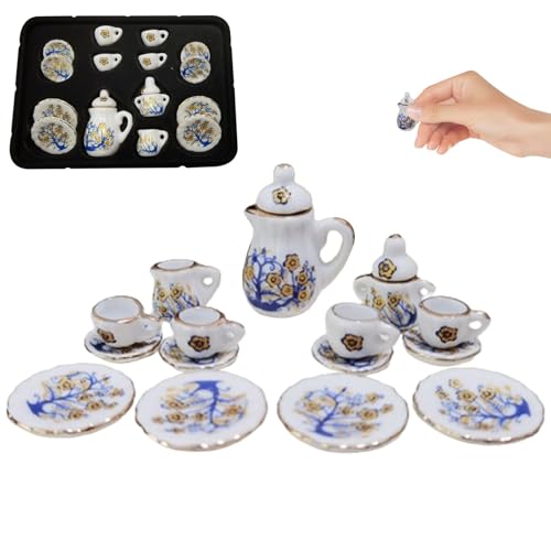 Tadoiooy Tiny Tee -Set, 15 Prozent 1:12 Miniatur -Tee -Set, Porzellan Mini Tea Tassen, Teekanne, Teller, Ringelblumenmuster -Puppenhaus -Tee -Set für Doll House Kitchen Style 2 von Tadoiooy