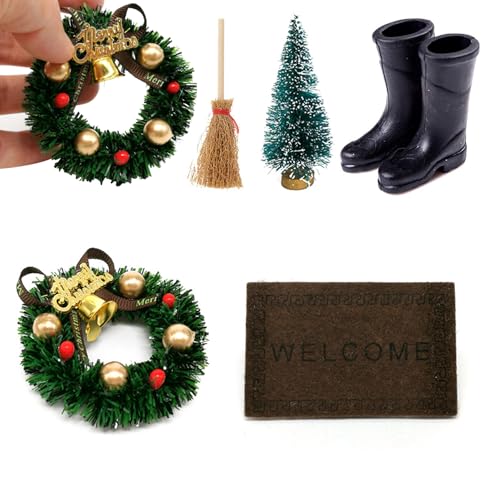 Weihnachtsdekorationen, Weihnachts -Puppenhaus -Accessoires 5pcs Weihnachtsminiatur -Ornamente Kit mit Mini -Girlande, Besen, Stiefel, Türmatte und Weihnachtsbaum für Miniatur -Weihnachtsdekoration von Tadoiooy